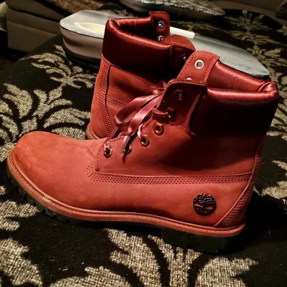 Burgandy Red Timberlands with satin top and ribbon laces